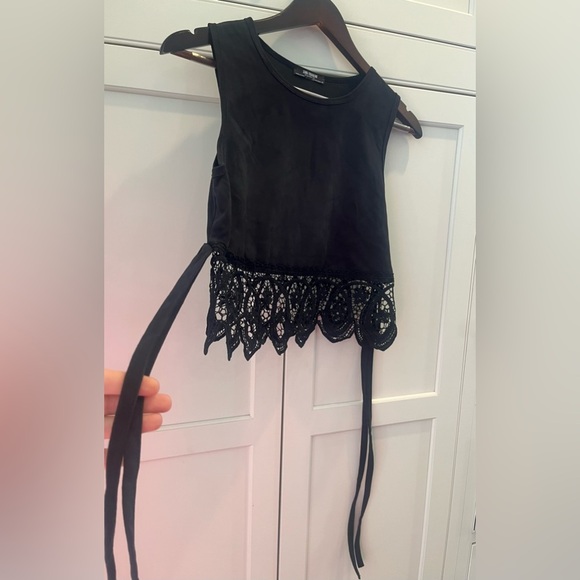 ZARA TRAFALUC Classy black suede crop top crochet lace hem ribbon side tie sz S - Picture 2 of 8